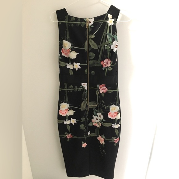 Ted Baker Black Floral Square Neck Midi Dress - Picture 2 of 6
